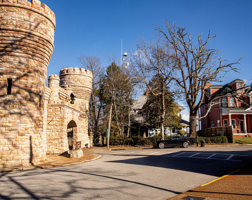 A castle structure stands on a street corner in Lookout Mountain in Chattanooga, TN